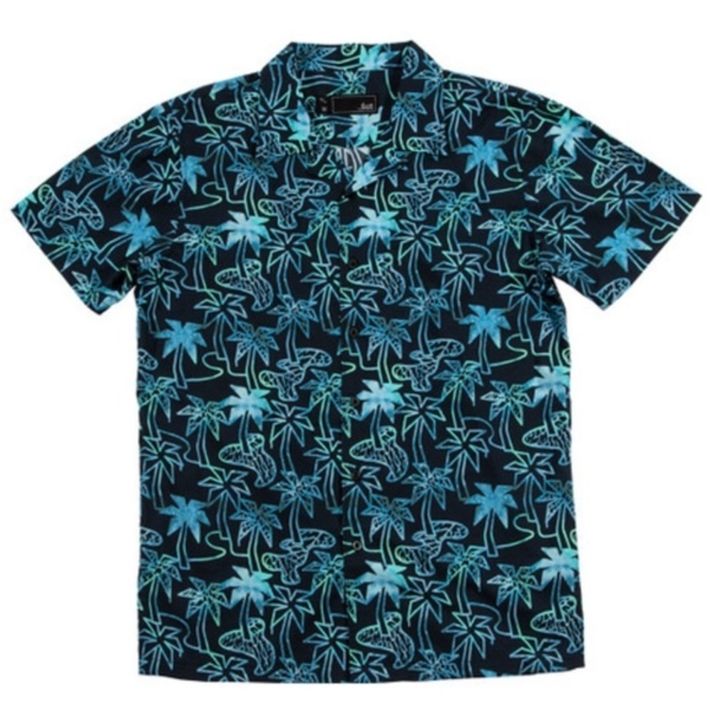 Lost Clothing Boy's Hawaiian Aloha Camper SS Woven Palm Tree Button Down Shirt L